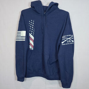 Grunt Style Mens Hoodie Blue American Flag Pullover Sweatshirt Size L